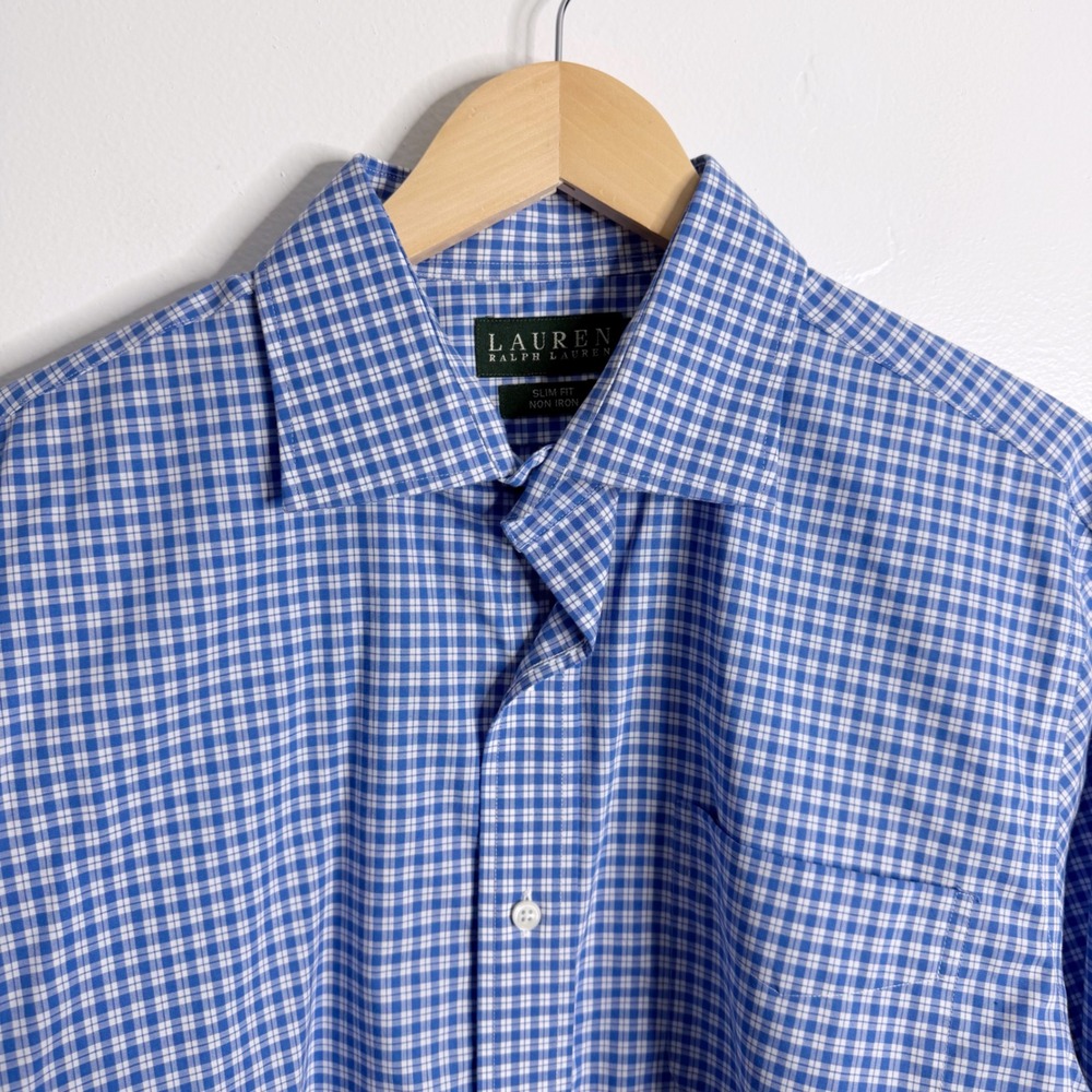 Lauren Ralph Lauren Men Slim Fit Blue White Plaid Dress Shirt French Cuff 16 1/2